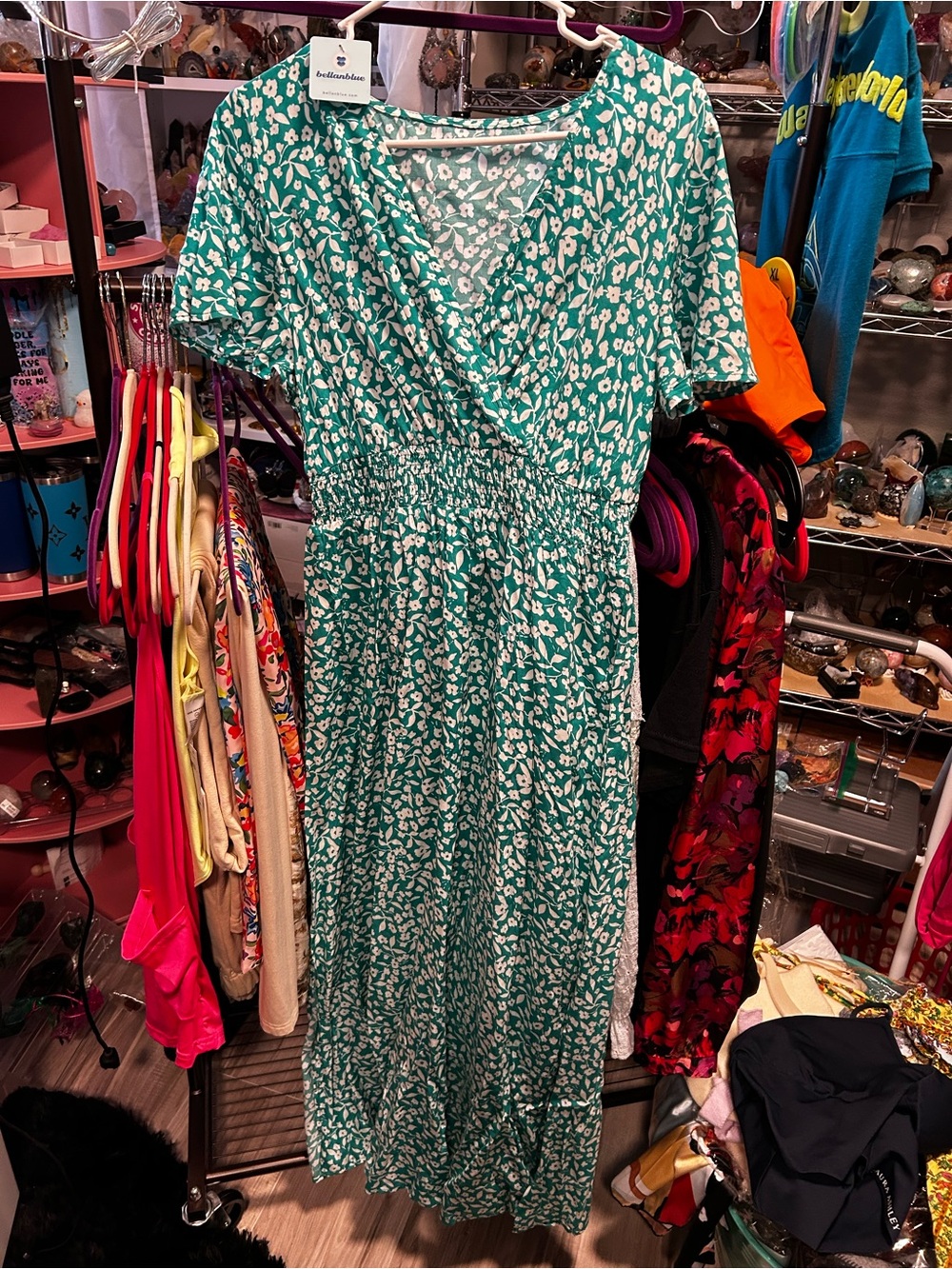 Green Floral Wrap Midi Dress - Unbranded